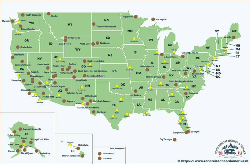 Nationale Parken, steden en staten van Amerika
