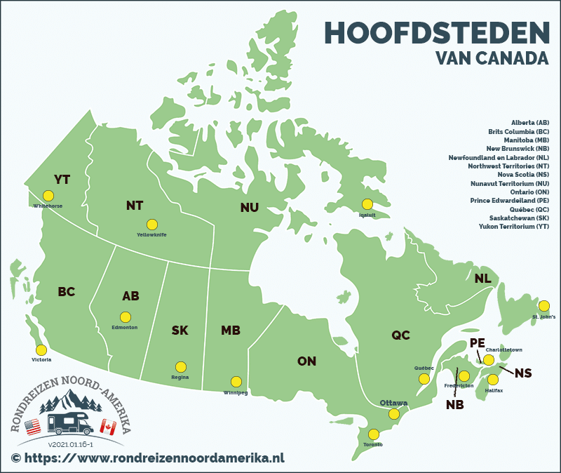 Kaart: provincies, territoria en Hoofdsteden van Canada