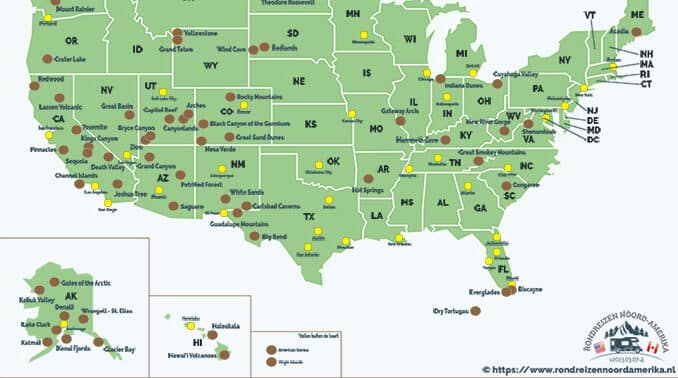 Nationale Parken Amerika Kaart