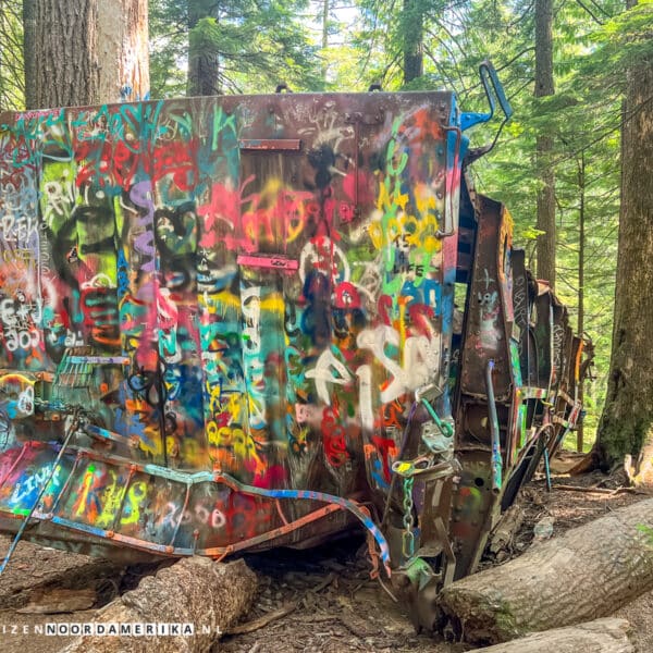 Treinstel met graffiti langs Train Wreck Trail